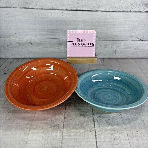 Citrus Grove AQUA BLUE & PEACH CORAL SWIRL Stoneware Coupe Soup Cereal Bowls 2 - Picture 1 of 16